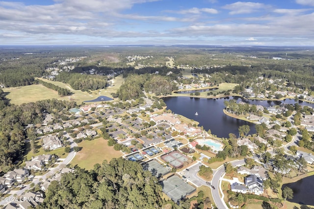 bird's eye view with a water view