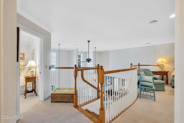 hallway featuring light colored carpet and ornamental molding