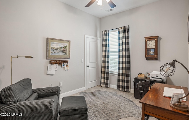 office area with light colored carpet and ceiling fan