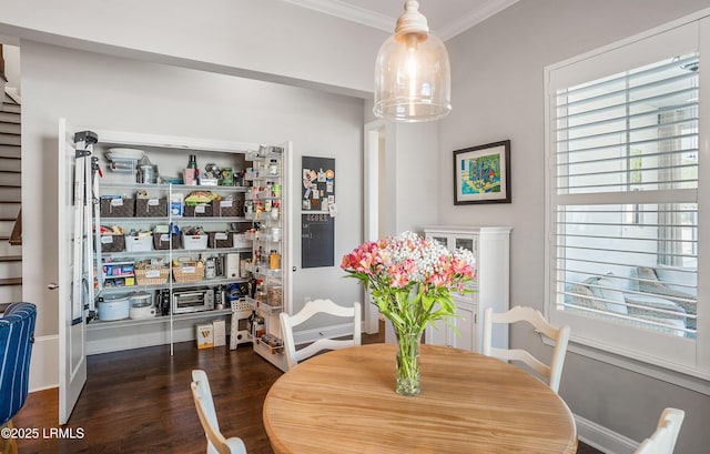 dining room featuring ornamental molding and dark hardwood / wood-style floors