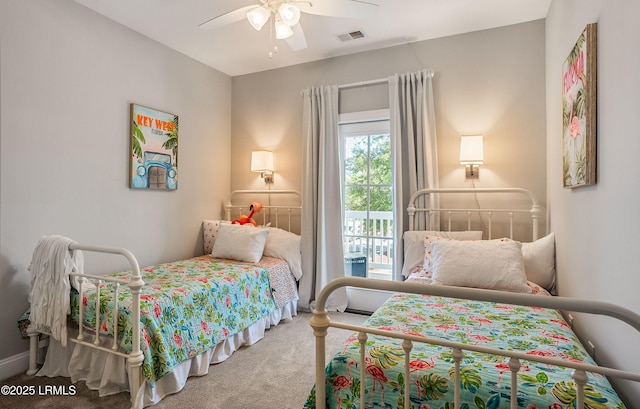 carpeted bedroom featuring access to exterior and ceiling fan