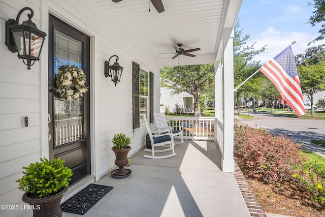 view of patio featuring a porch and ceiling fan