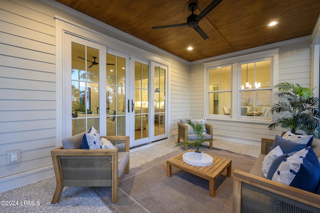 view of patio / terrace with french doors, ceiling fan, and an outdoor living space