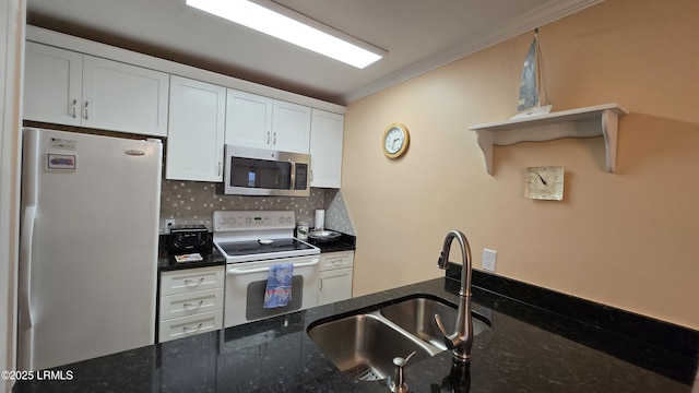 159 Beach Club Villa Dr Unit 159, Fripp Island, SC 29920 - kitchen featuring white appliances, tasteful backsplash, crown molding, white cabinets, and dark stone countertops