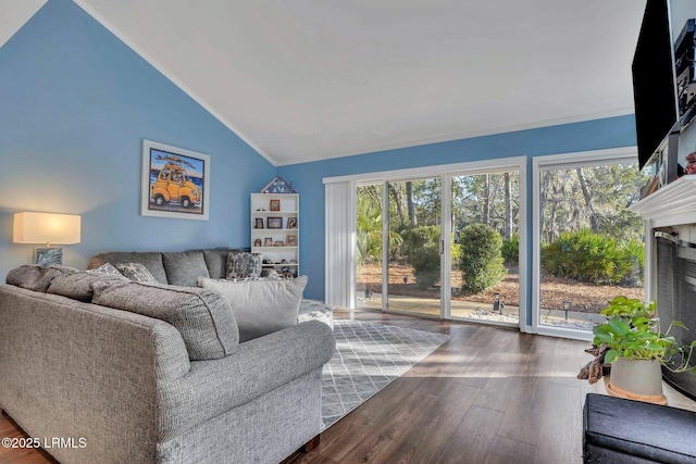 living room featuring hardwood / wood-style flooring, plenty of natural light, and vaulted ceiling