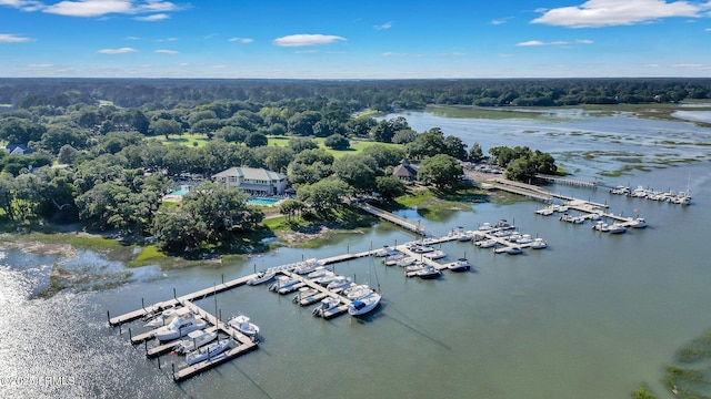 birds eye view of property featuring a water view