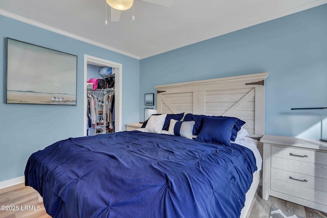 bedroom featuring crown molding, light hardwood / wood-style flooring, ceiling fan, a walk in closet, and a closet