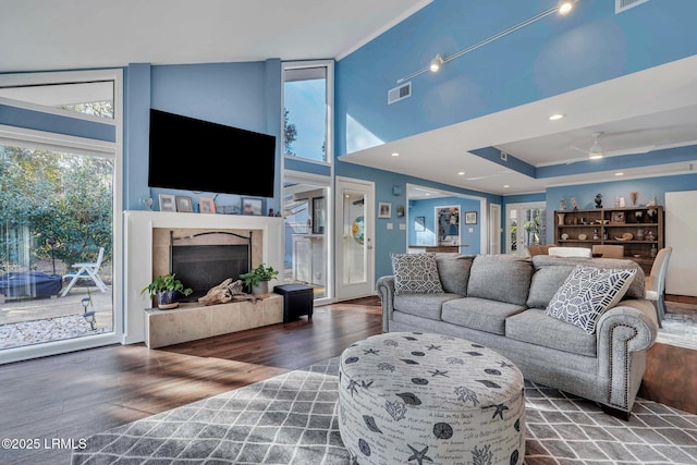 living room featuring high vaulted ceiling and dark hardwood / wood-style floors