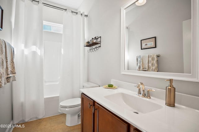 bathroom featuring toilet, shower / bathtub combination with curtain, vanity, and tile patterned floors