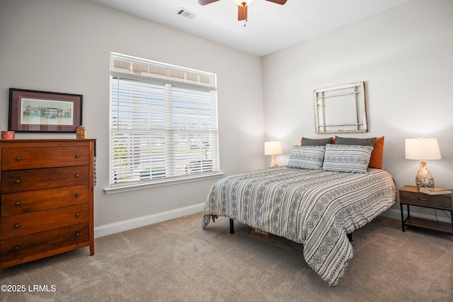 bedroom with carpet, visible vents, ceiling fan, and baseboards