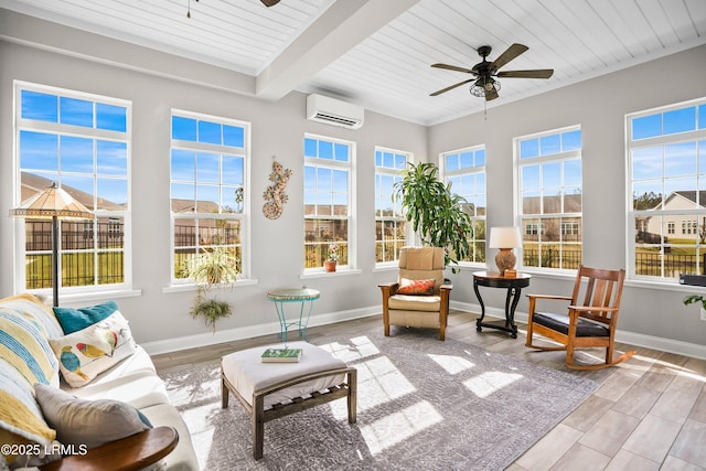 sunroom featuring plenty of natural light, beamed ceiling, a ceiling fan, and a wall mounted AC