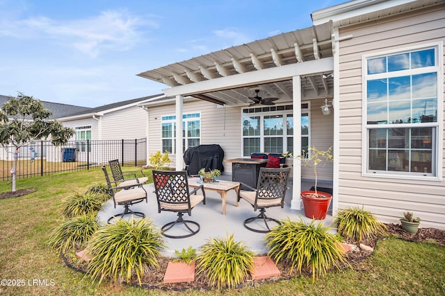 view of patio with a ceiling fan, fence, grilling area, and a pergola