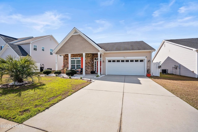 view of front of house featuring central AC, concrete driveway, an attached garage, and a front yard