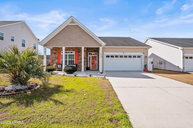 view of front facade featuring an attached garage, stone siding, driveway, and a front lawn