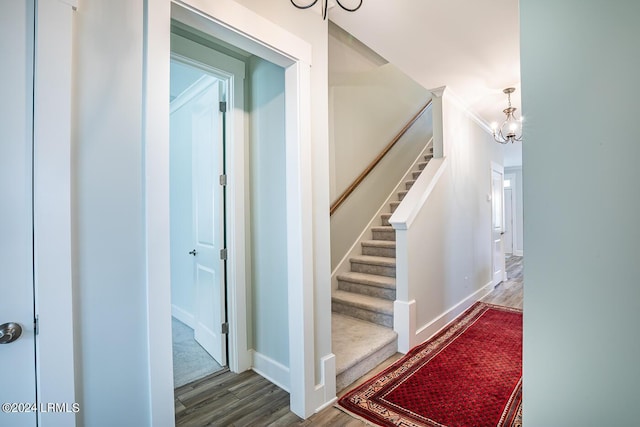 stairway with an inviting chandelier, crown molding, and hardwood / wood-style floors