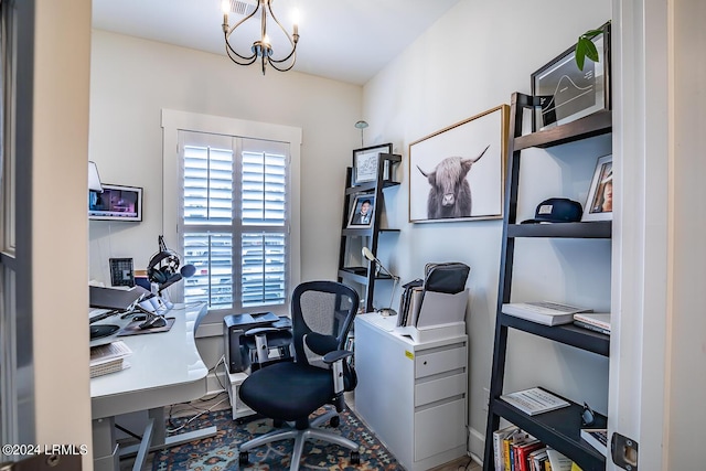 office space featuring a chandelier