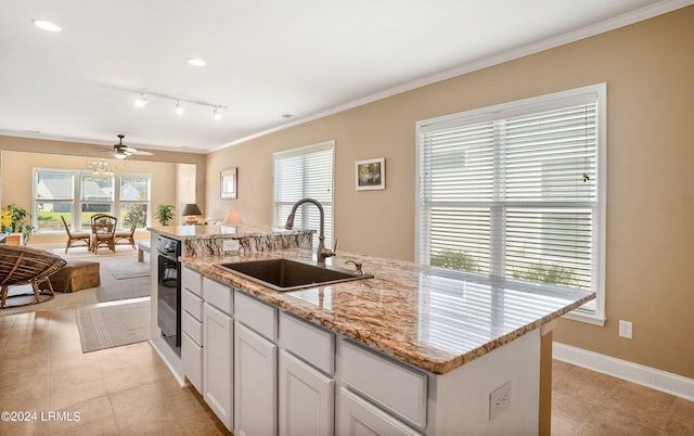 kitchen with sink, plenty of natural light, an island with sink, and white cabinets