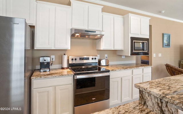 kitchen featuring white cabinetry, ornamental molding, stainless steel appliances, and light stone counters