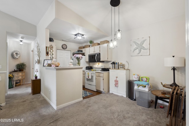 897 Fording Island Rd Unit 2708, Bluffton, SC 29910 - kitchen with white electric range oven, carpet flooring, light countertops, pendant lighting, and baseboards