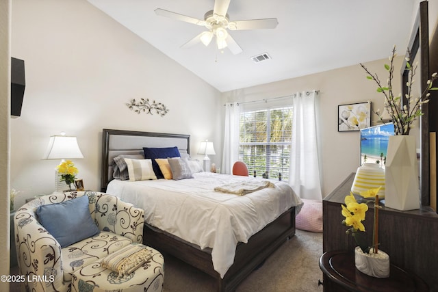 897 Fording Island Rd Unit 2708, Bluffton, SC 29910 - bedroom featuring high vaulted ceiling, a ceiling fan, and carpet flooring