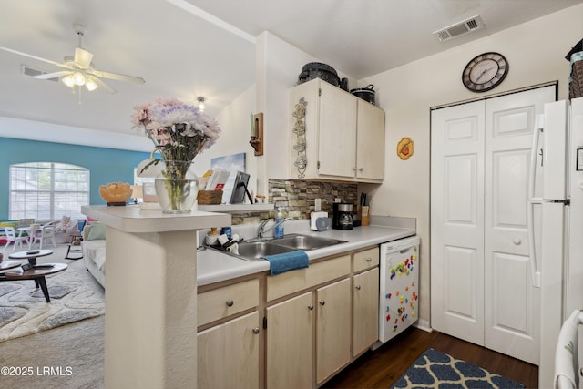 897 Fording Island Rd Unit 2708, Bluffton, SC 29910 - kitchen with a sink, white appliances, light countertops, ceiling fan, and tasteful backsplash