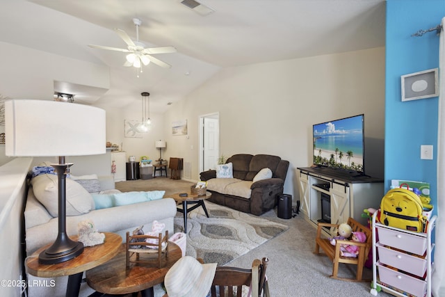 897 Fording Island Rd Unit 2708, Bluffton, SC 29910 - living room featuring carpet floors, lofted ceiling, and a ceiling fan