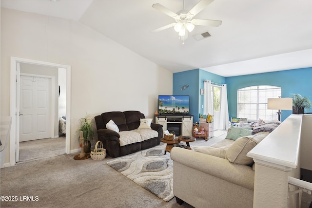 897 Fording Island Rd Unit 2708, Bluffton, SC 29910 - carpeted living area with vaulted ceiling, ceiling fan, and baseboards