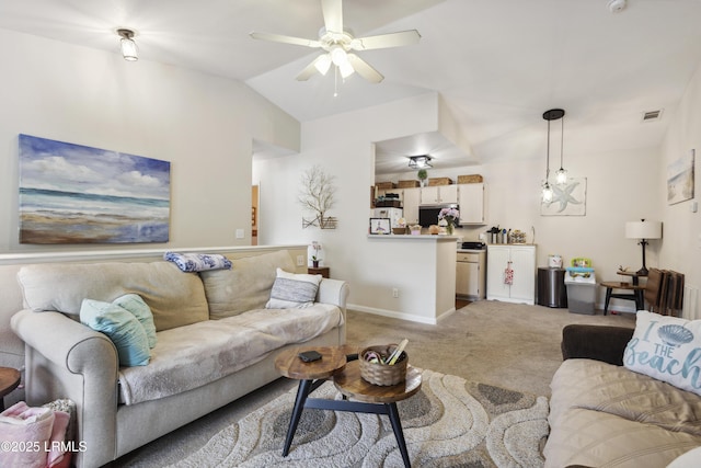 897 Fording Island Rd Unit 2708, Bluffton, SC 29910 - living area featuring light colored carpet, ceiling fan, baseboards, and vaulted ceiling