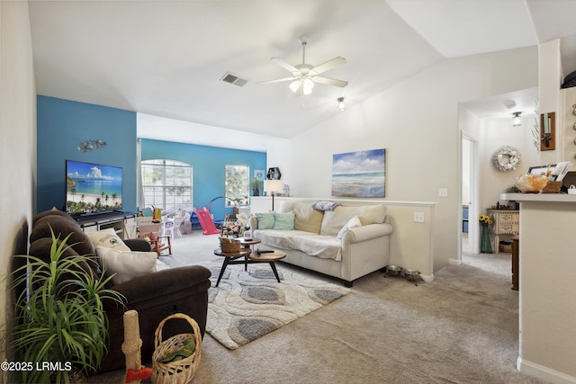 897 Fording Island Rd Unit 2708, Bluffton, SC 29910 - living room with ceiling fan, vaulted ceiling, and carpet
