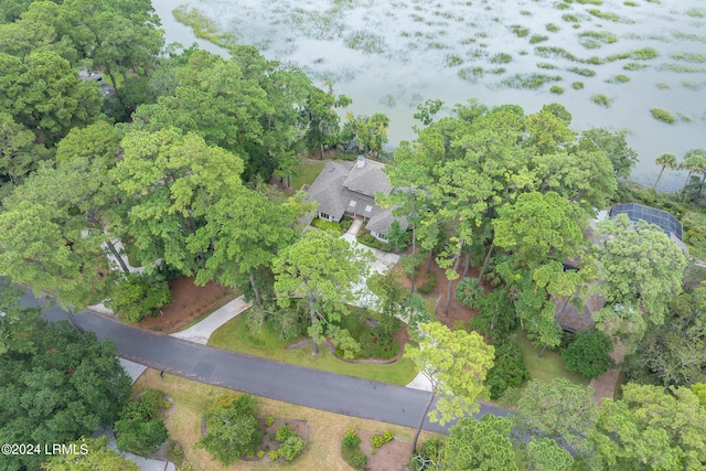 birds eye view of property featuring a water view