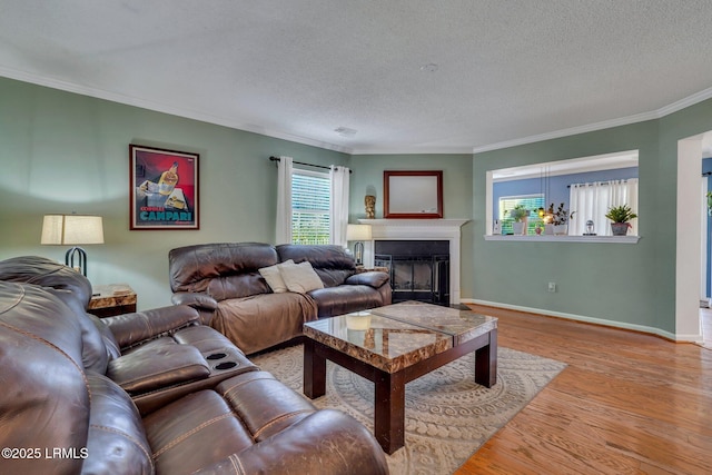 living room with crown molding, light wood-type flooring, and a textured ceiling