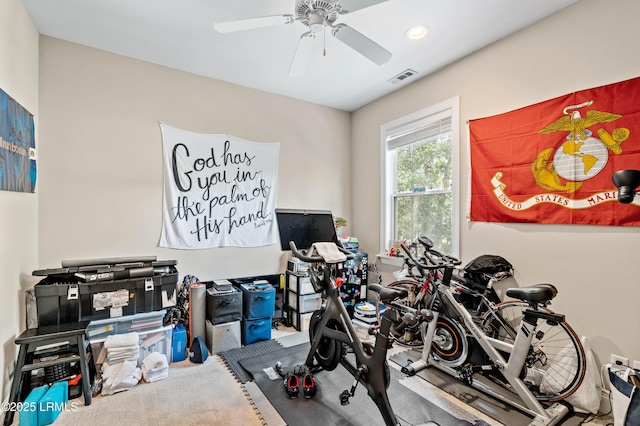 2654 Broad St, Beaufort, SC 29902 - exercise room featuring a ceiling fan, carpet, and recessed lighting