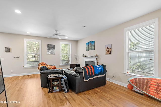 2654 Broad St, Beaufort, SC 29902 - living room featuring light wood-type flooring, ceiling fan, baseboards, and recessed lighting
