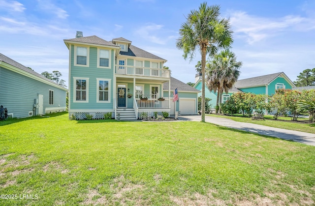 49 National Blvd, Beaufort, SC 29907 - view of front of house with a porch, concrete driveway, a front yard, an attached garage, and a balcony