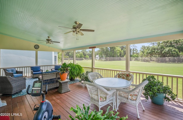 49 National Blvd, Beaufort, SC 29907 - wooden deck with an outdoor living space, view of golf course, a ceiling fan, a lawn, and outdoor dining space