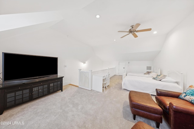 carpeted bedroom featuring vaulted ceiling and ceiling fan