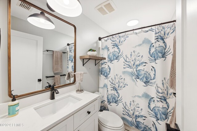 bathroom featuring vanity, a shower with curtain, and toilet