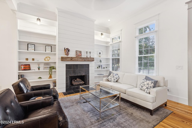 living room featuring a fireplace and hardwood / wood-style floors