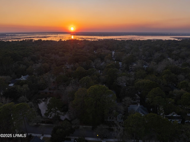 aerial view at dusk with a water view and a view of trees