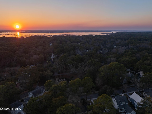 aerial view at dusk with a water view and a wooded view