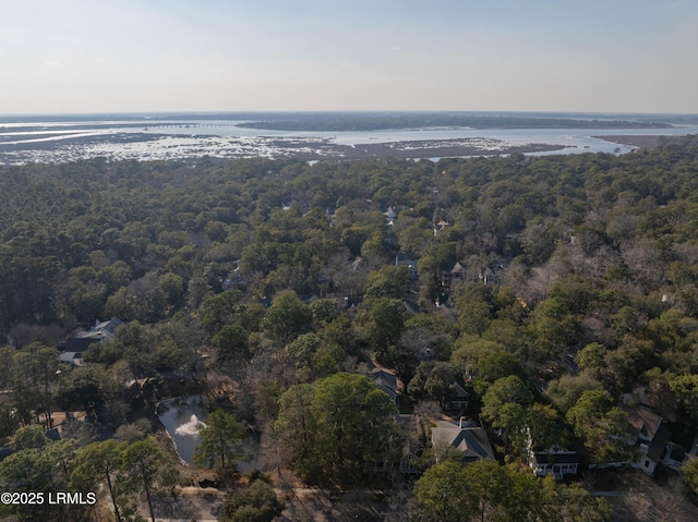 birds eye view of property featuring a water view and a forest view