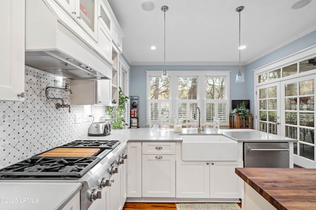 kitchen featuring under cabinet range hood, a sink, wood counters, white cabinetry, and crown molding