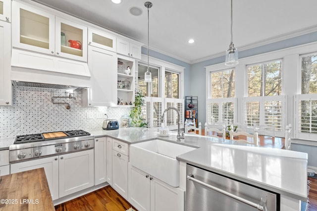 kitchen with a peninsula, a sink, appliances with stainless steel finishes, decorative backsplash, and crown molding