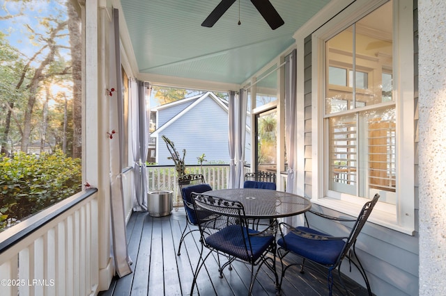 sunroom featuring ceiling fan