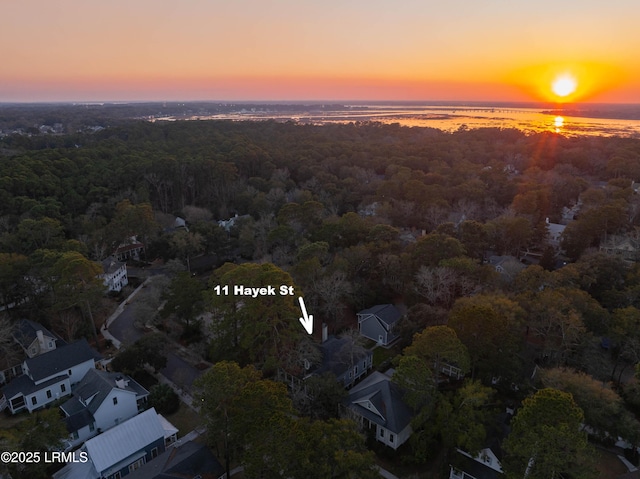 aerial view at dusk with a water view and a wooded view