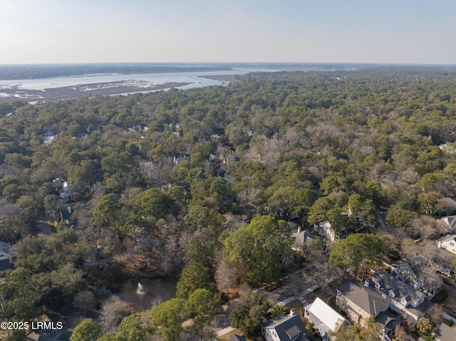 birds eye view of property with a water view and a forest view