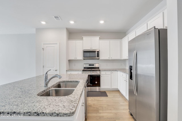 kitchen featuring sink, white cabinetry, backsplash, stainless steel appliances, and a center island with sink