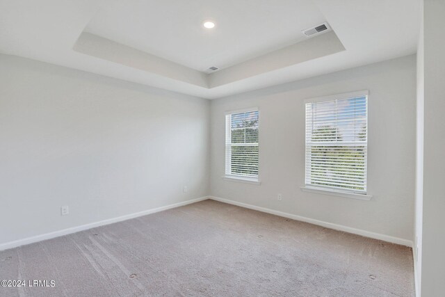 carpeted spare room featuring a tray ceiling