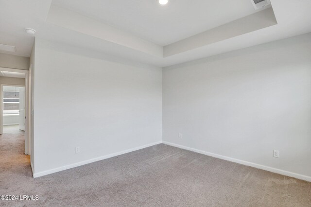 carpeted spare room featuring a tray ceiling