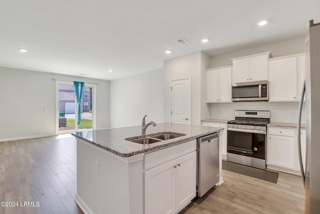 kitchen featuring white cabinetry, stainless steel appliances, a kitchen island with sink, and sink